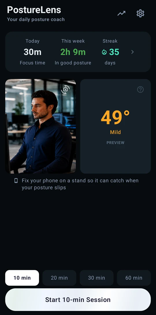 PostureLens home screen with the on-screen reminder to fix your phone on a stand