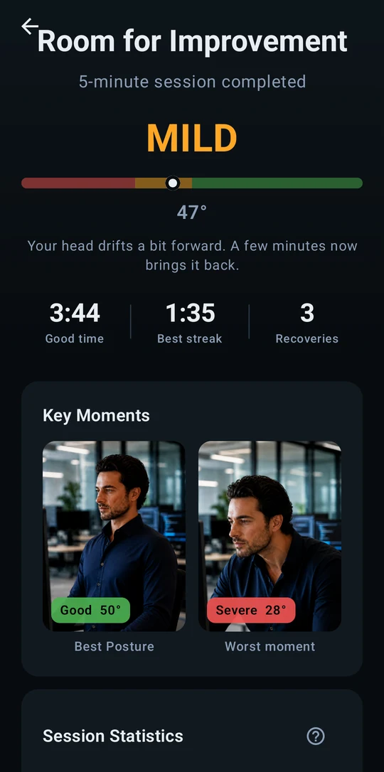 PostureLens session report with posture band, good time, recoveries and Key Moments snapshots